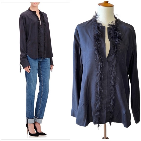 Helmut Lang silk fringe navy top